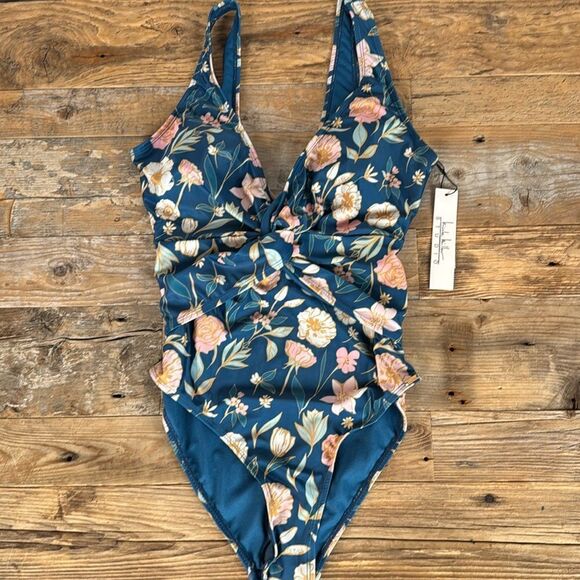 NWT Nicole Miller One Piece Twist Front Deep Neck Swimsuit Antique Floral M $98 - Picture 3 of 8